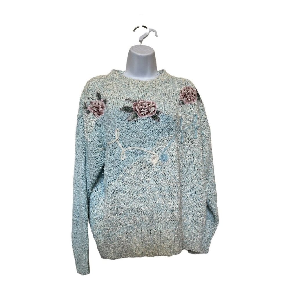 Vintage 80s Sweater with Appliqué Needles & Yarn Size L Pastel Blue Faux Pearls